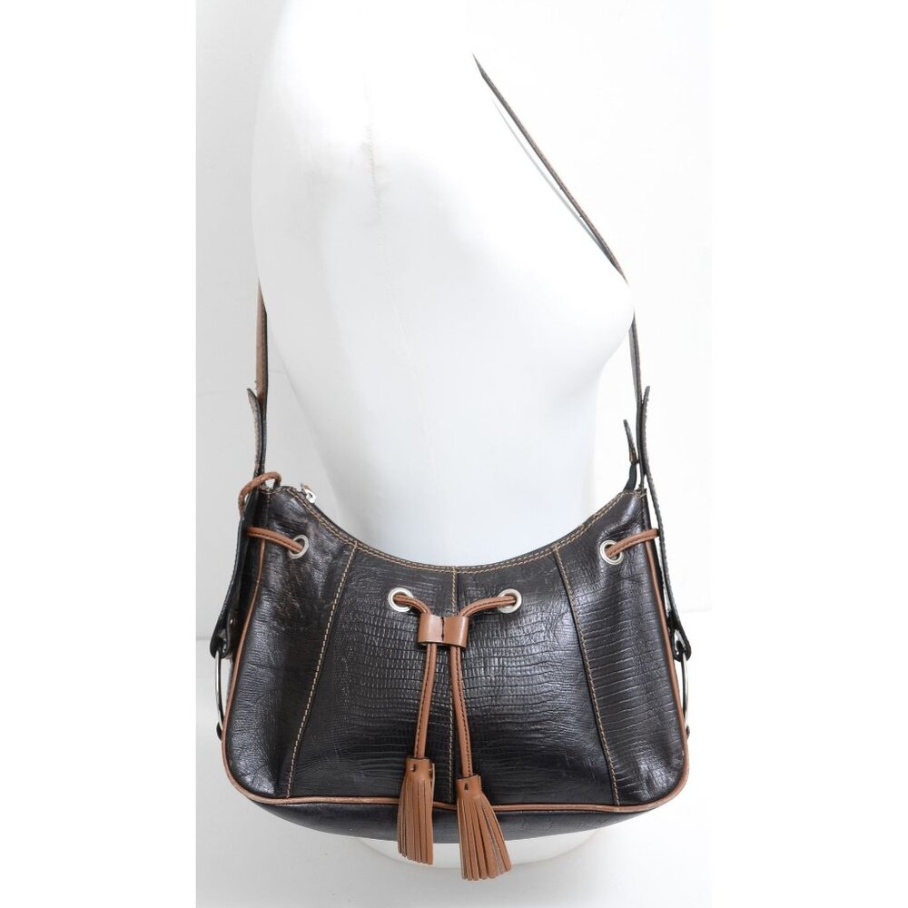 Sharif Studio Black Textured Leather Fringe Crossbody Satchel Handbag‎ Purse